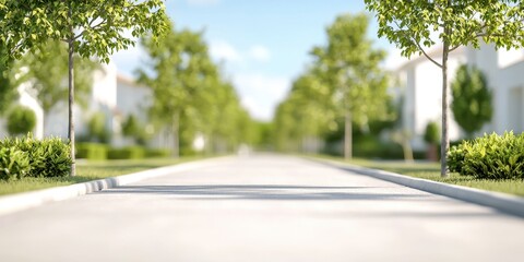 A scenic neighborhood lined with trees, showcasing a peaceful residential street.