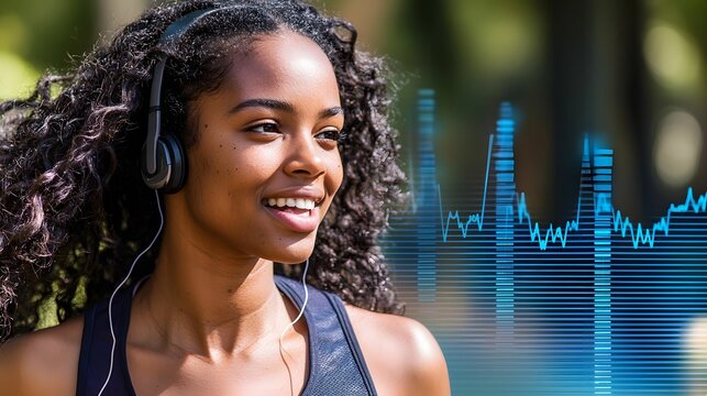 Smiling woman wearing headphones, exercising outdoors, with a digital heart rate graphic overlay, representing fitness, wellness, and motivation through music.
