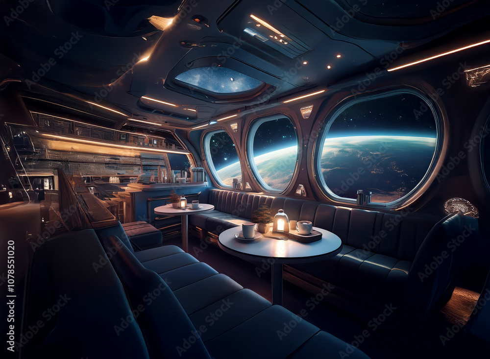 Poster a futuristic lounge with large windows showcasing a view of earth from space.
