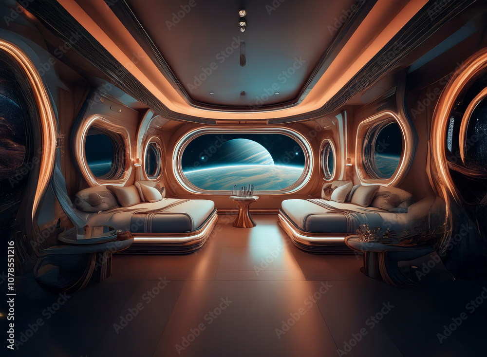 Aufkleber a futuristic bedroom with two beds and a view of a planet through a large window.