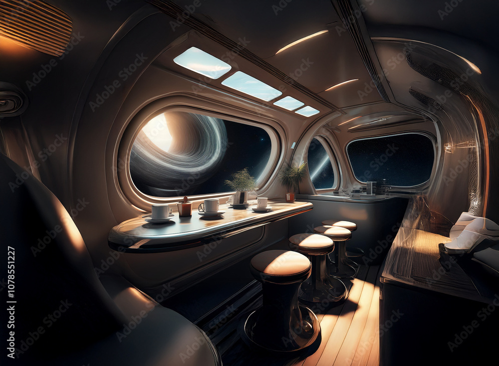 Poster A futuristic spaceship lounge with large windows showcasing a distant nebula and a small counter with seats.