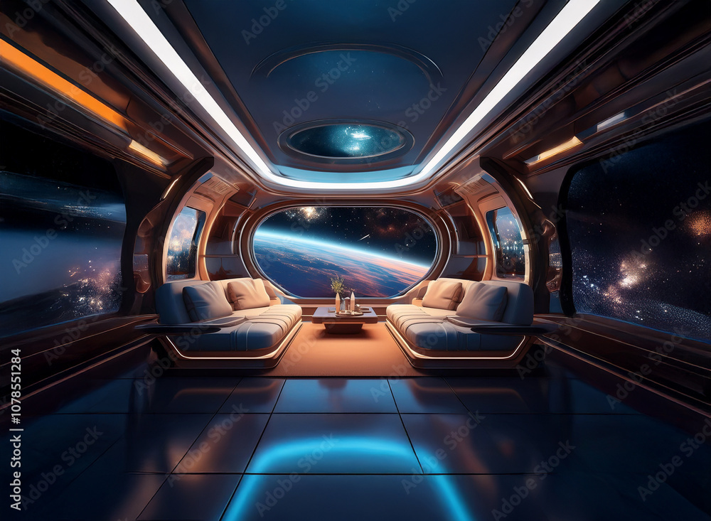 Aufkleber a futuristic spaceship interior with large windows showcasing a view of earth and space.