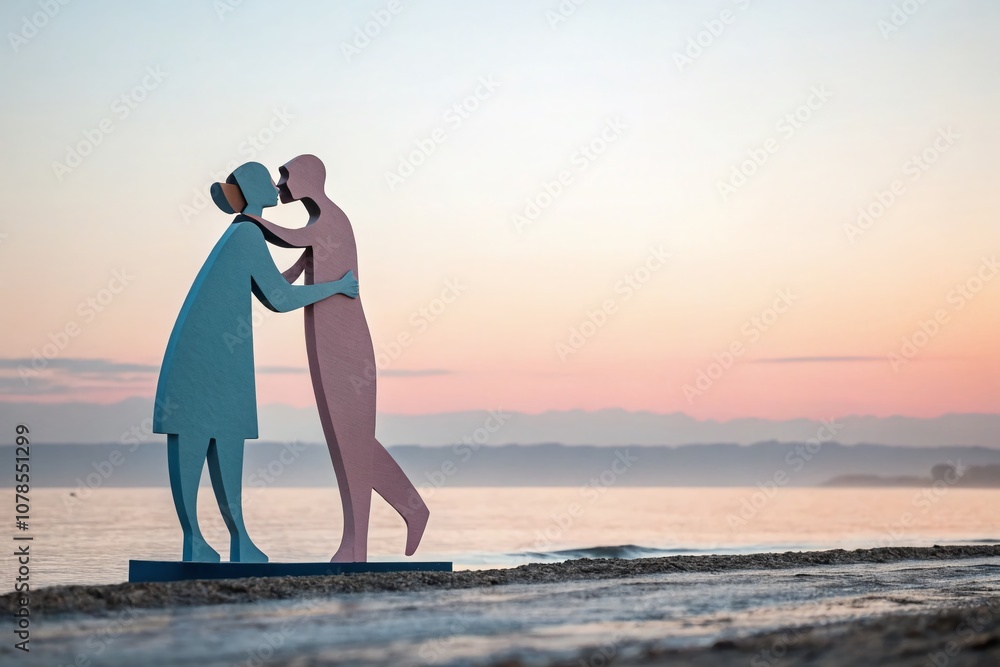 Poster minimalist lovers embrace: a serene interpretation of love in soft hues and simple shapes, capturing