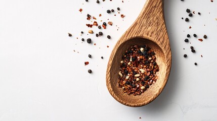 Aromatic Symphony: A Wooden Spoon Brimming with a Colorful Medley of Spices and Peppers, an Evocative Culinary Tableau.