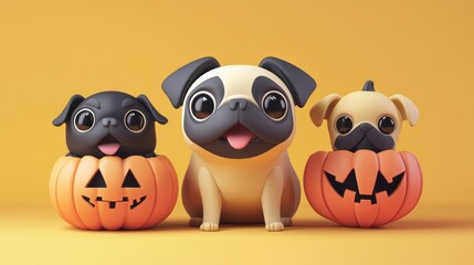 Fototapeta premium Explore high-fidelity gigapixel images featuring adorable pugs in halloween pumpkins