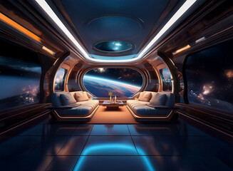 A futuristic spaceship interior with large windows showcasing a view of Earth and space.