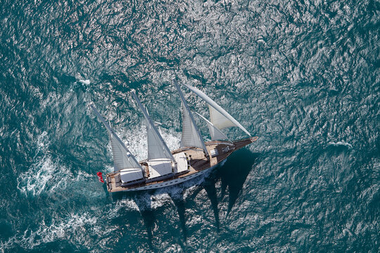 Aerial view of large sailing yacht.