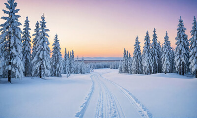Fototapeta premium A snowy path winds through a forest of snow-covered evergreens, the morning light casting a soft glow on the landscape