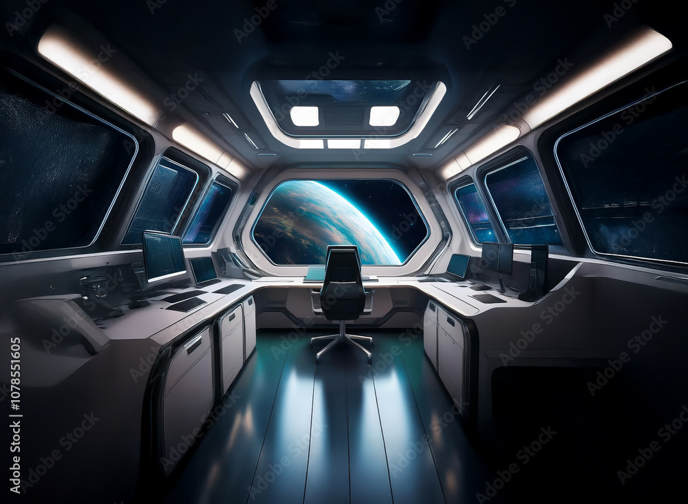 Poster the interior of a futuristic spaceship, featuring a large window showcasing earth from space.