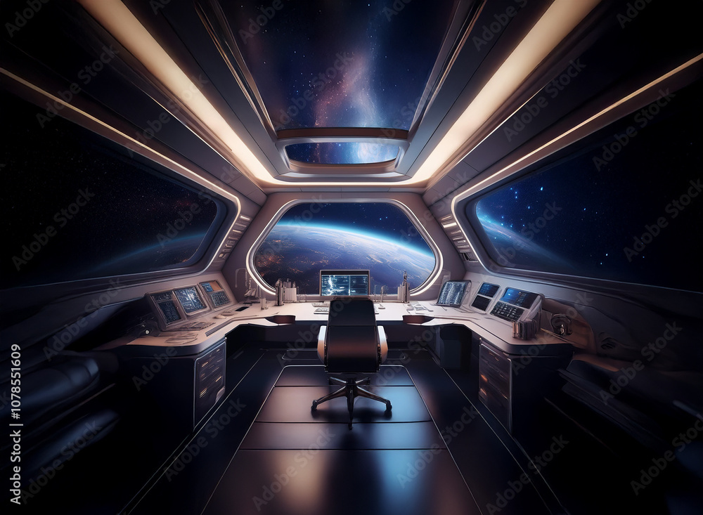 Poster A futuristic spaceship interior with a large window overlooking Earth, illuminated by the soft glow of the Milky Way.