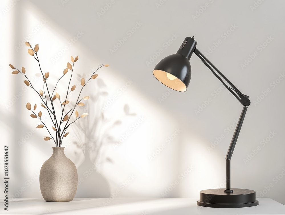 Poster create a minimal study desk setup featuring a lamp and high-fidelity design