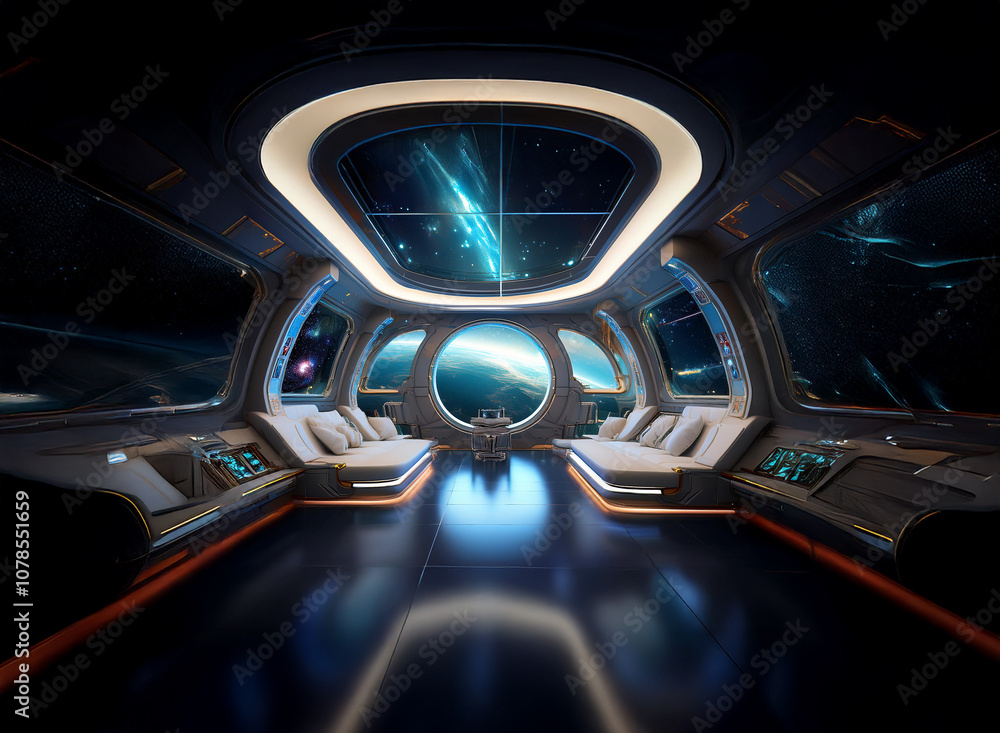 Poster The interior of a spaceship with large windows looking out into space.