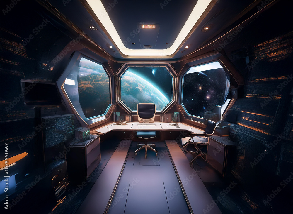Poster A futuristic office with a view of Earth from a spaceship window. The desk is equipped with a computer and two chairs.