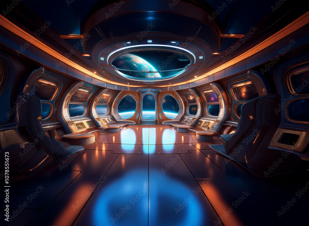 Poster the interior of a futuristic spaceship, featuring large windows showcasing a view of earth in the di