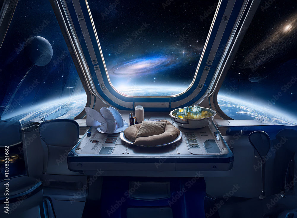 Poster a spacecraft window reveals a breathtaking view of earth and the milky way, while a table is set wit
