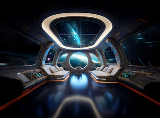 The interior of a spaceship with large windows looking out into space.