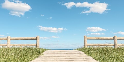 A serene pathway leading to the ocean under a clear blue sky with fluffy clouds.