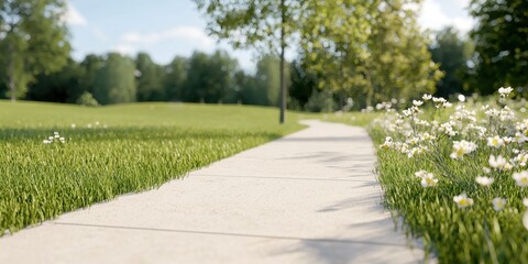 Obraz premium A serene pathway lined with grass and flowers, inviting peaceful strolls through nature.