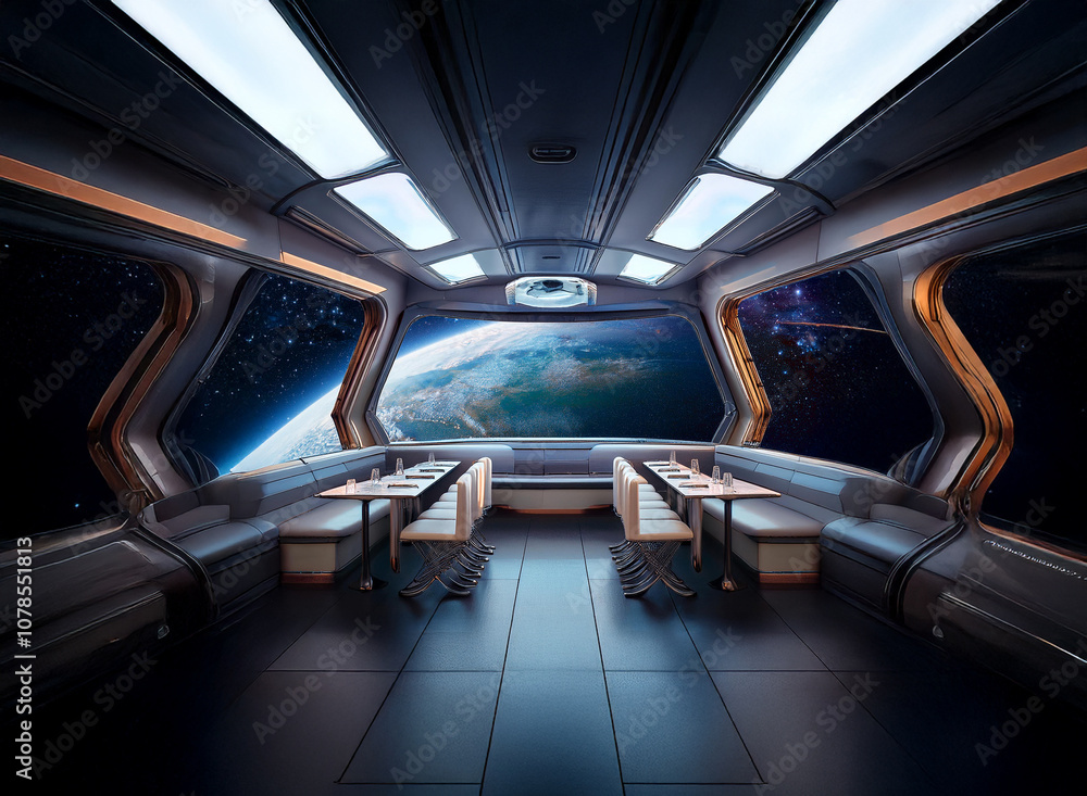 Poster a futuristic spaceship dining area with large windows overlooking earth and a starry sky.