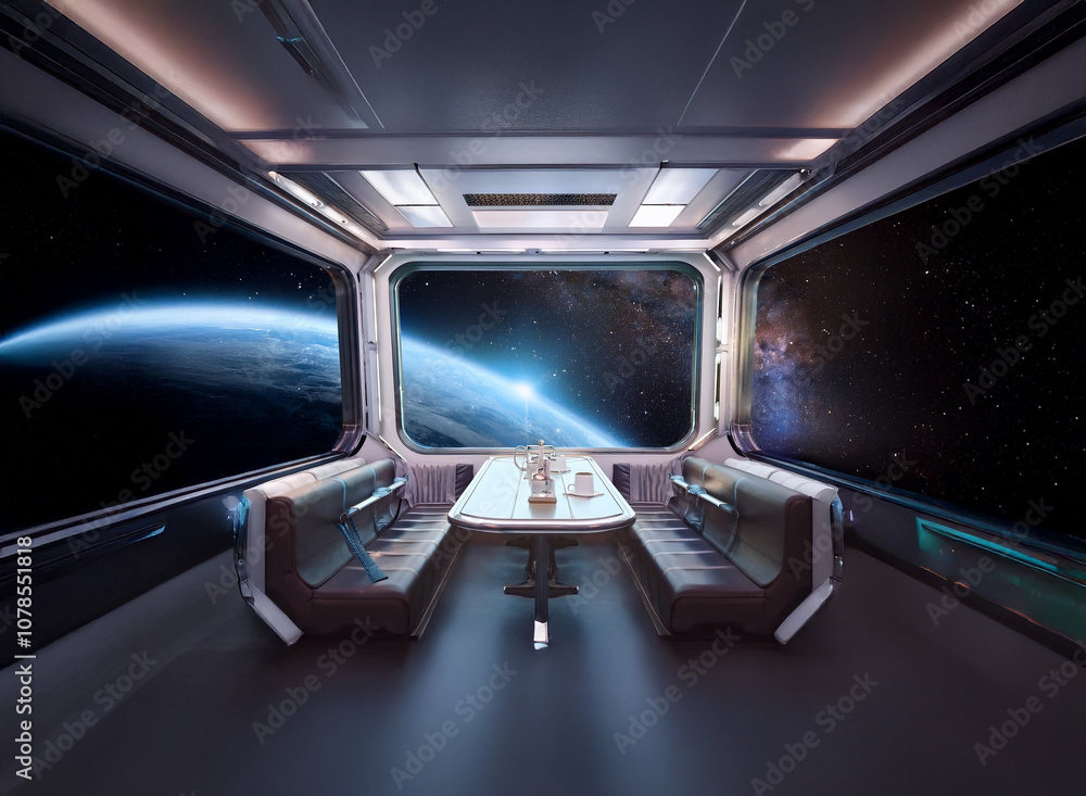 Poster A futuristic spaceship dining area with a large window overlooking Earth and the vast expanse of space.