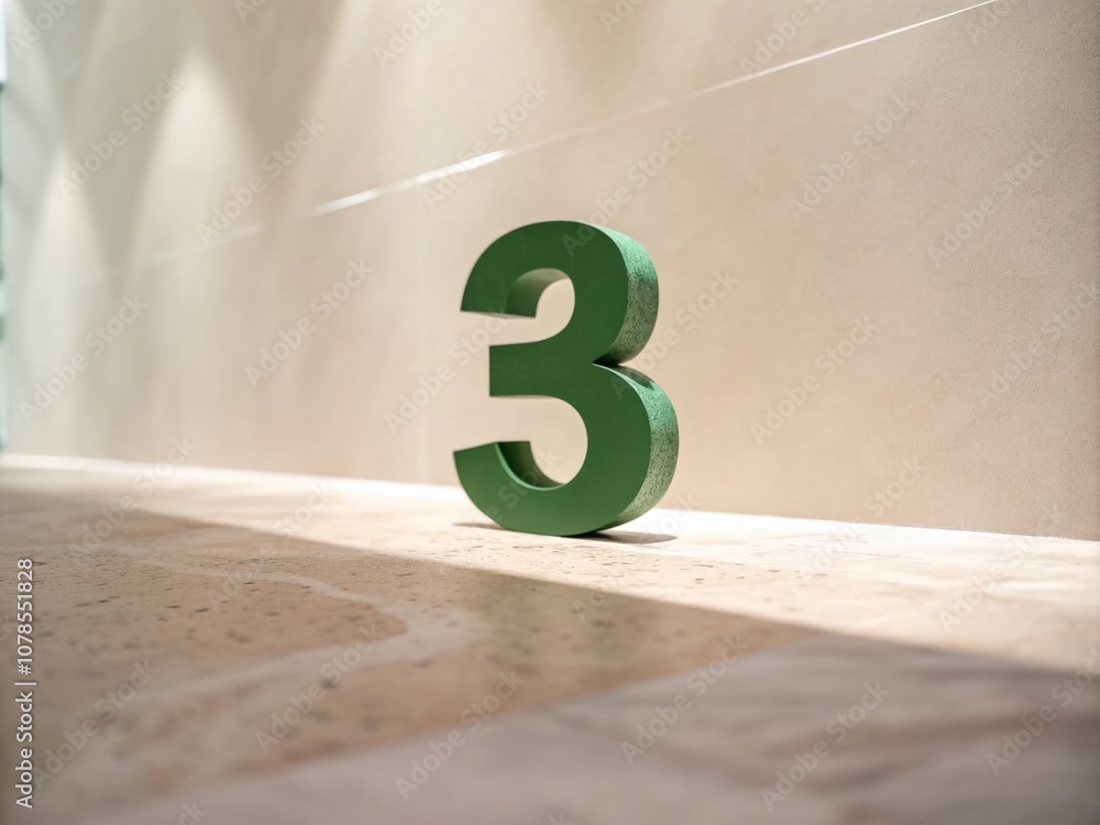Poster minimalist photography featuring a bold 3d green font number 3 on a simple background for contempora