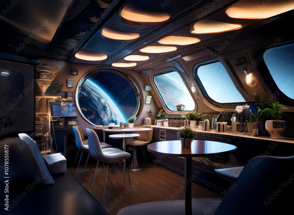 Poster a futuristic cafe interior with large round windows offering a view of earth from space.