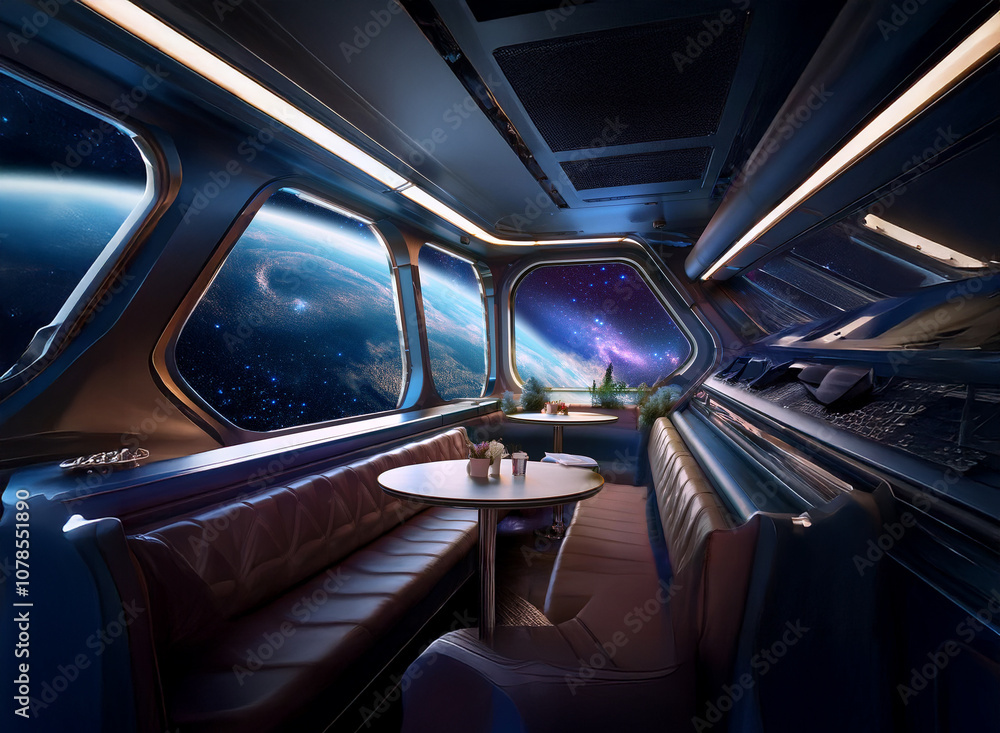 Poster The interior of a spaceship with large windows showcasing a view of Earth and the vast expanse of space.