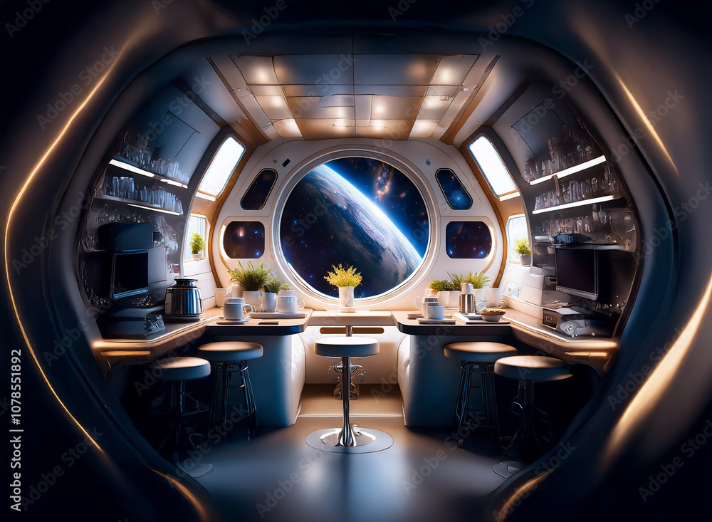 Poster a futuristic kitchen with a large window overlooking a view of earth from space.