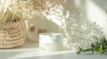 Luxury skincare cream in a frosted glass jar with a white lid. Minimalist aesthetic with natural light and floral accents. Perfect for beauty and wellness.