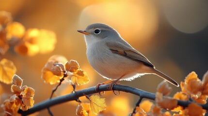 Fototapeta premium A small, gray bird with a yellow beak perches on a branch against a background of golden leaves.