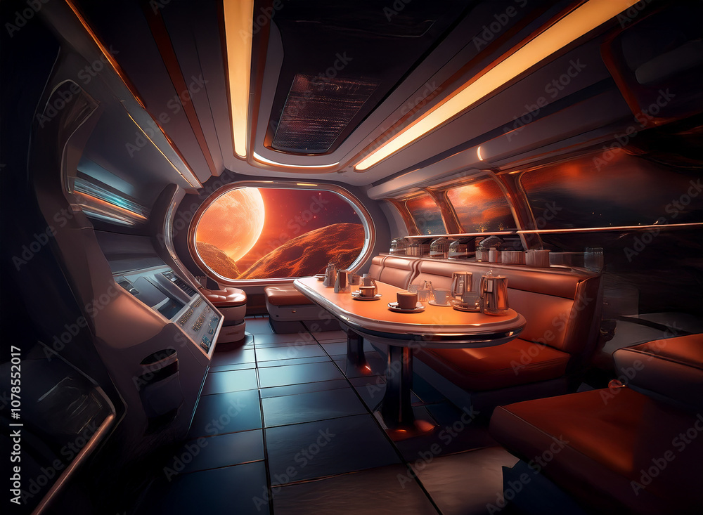 Poster The interior of a futuristic spaceship with large windows overlooking a red planet and stars.