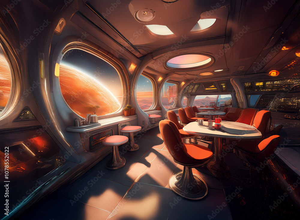 Poster a futuristic cafe with large windows overlooking a red planet.