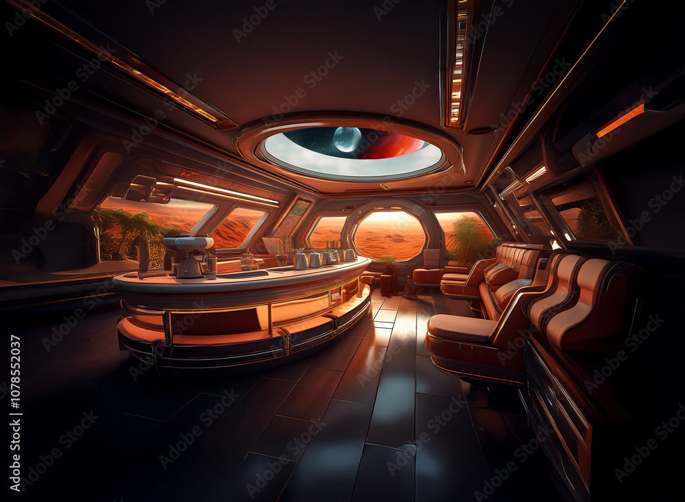 Poster a futuristic bar with large windows overlooking a red desert landscape.
