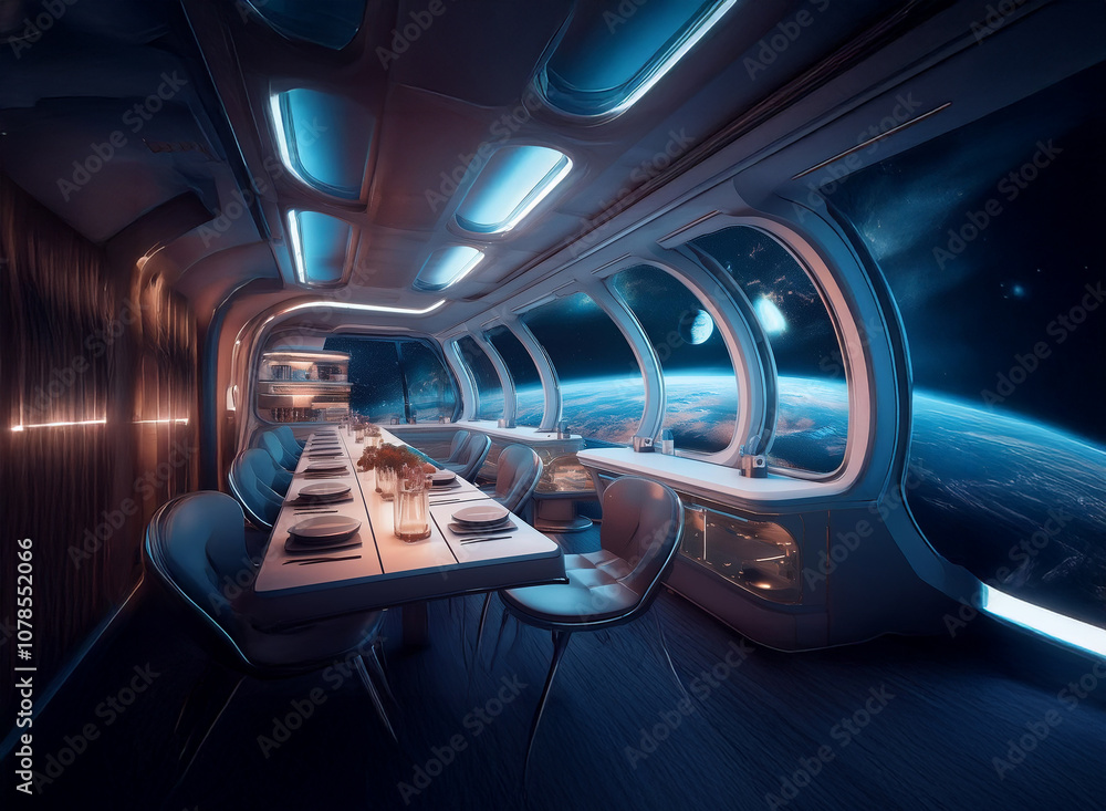 Poster a futuristic dining room with large windows overlooking a planet and moon. the room is decorated wit