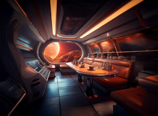 The interior of a futuristic spaceship with large windows overlooking a red planet and stars.