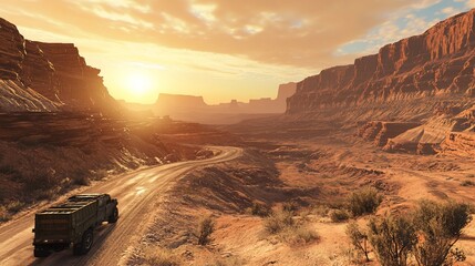 A military truck drives along a dusty road through a desert canyon at sunset.