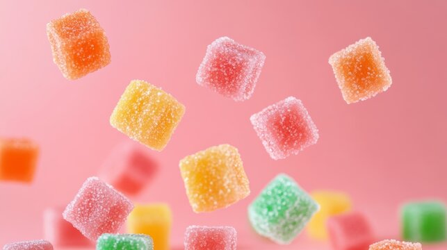 Colorful jelly candies falling against a soft pink background in an enticing and playful display of sweetness