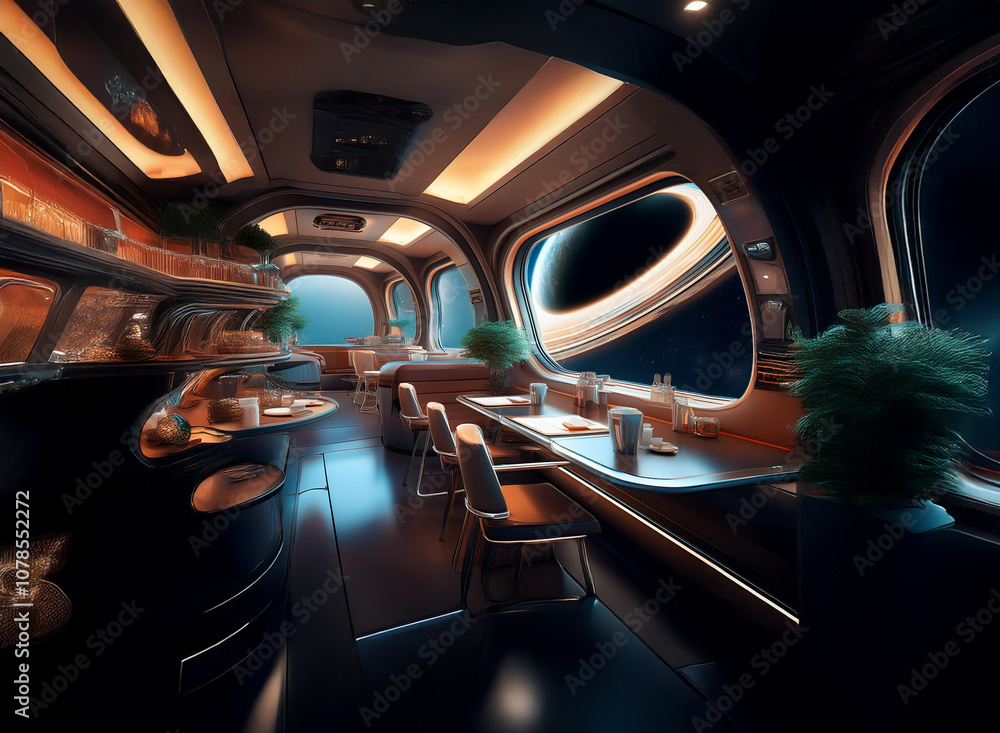 Poster an interior view of a futuristic space station dining room. the room features large windows that loo