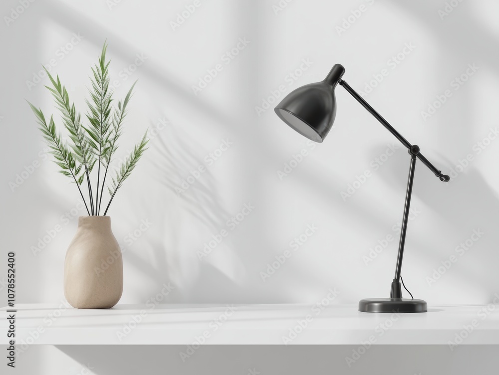 Poster create a minimal study desk setup featuring a stylish lamp and high-fidelity design