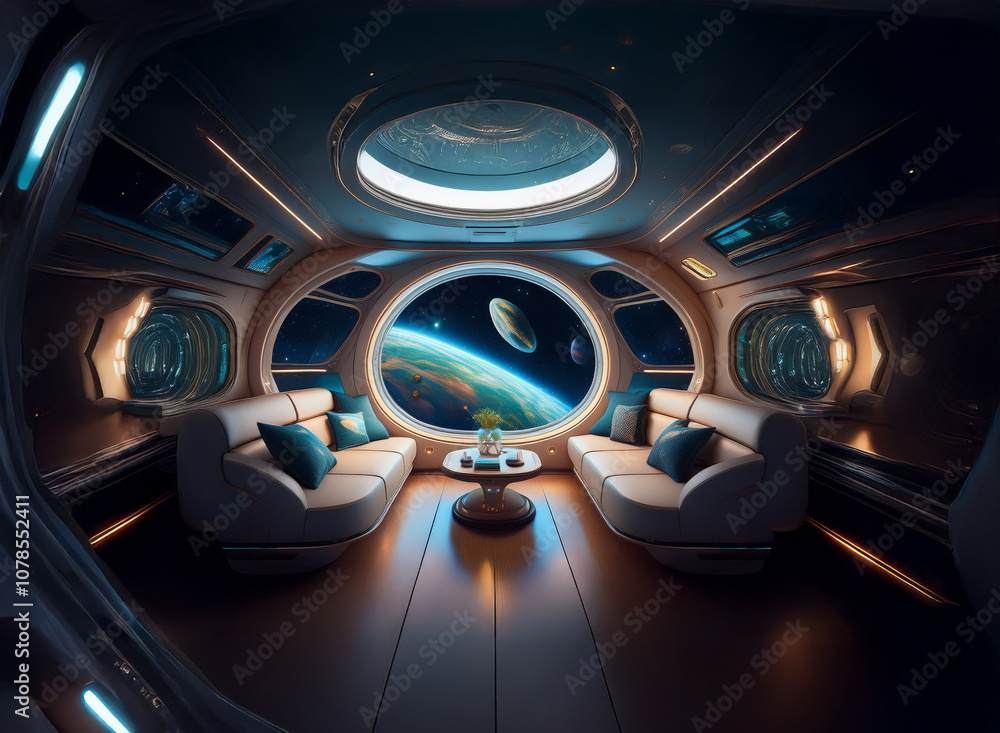 Poster A futuristic spacecraft interior with large circular windows showcasing a view of a planet and stars.