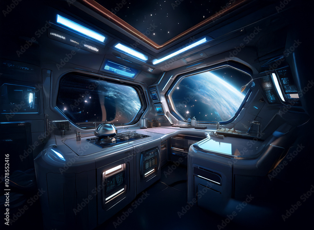 Poster a futuristic kitchen with a view of earth from a spaceship window, illuminated by blue lights agains