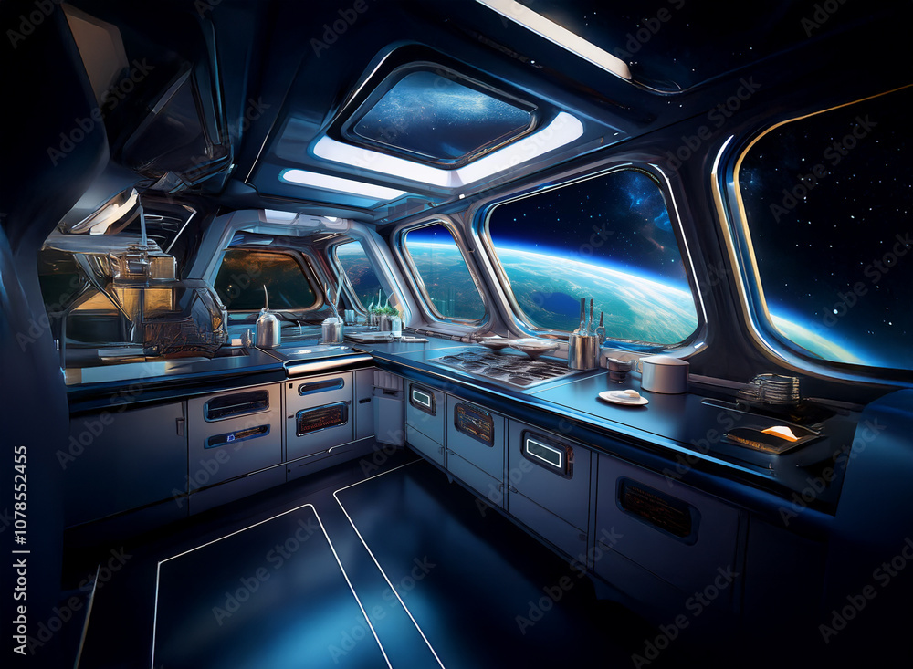 Poster A futuristic kitchen with large windows looking out at a planet from a spaceship.