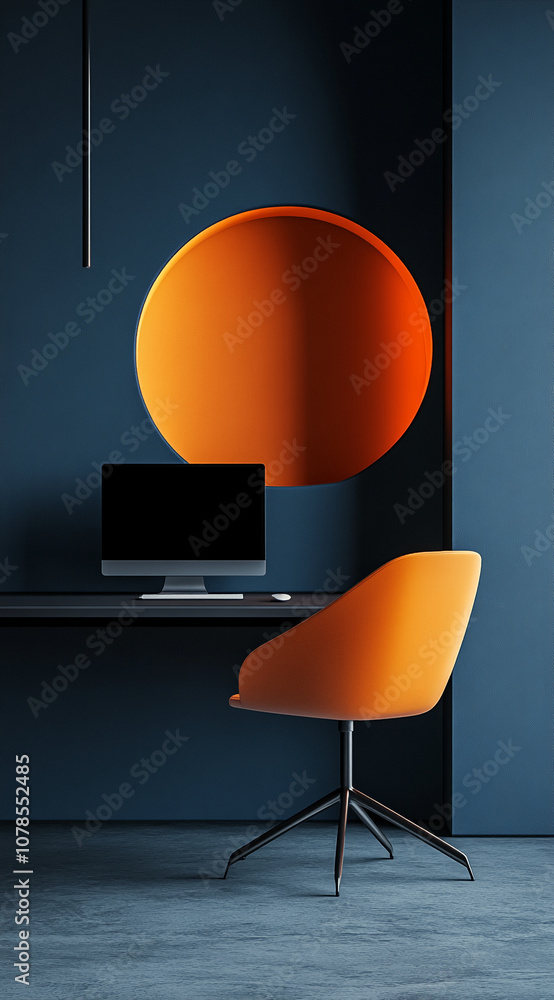 Aufkleber an orange chair sits in front of a desk with a computer in a modern office with a large orange circl