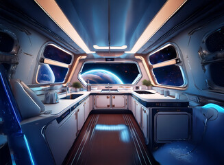 Obraz premium A futuristic kitchen with a view of a distant planet through multiple windows.