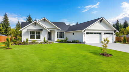 A white farmhouse with a three-car garage, manicured lawn, and landscaping.