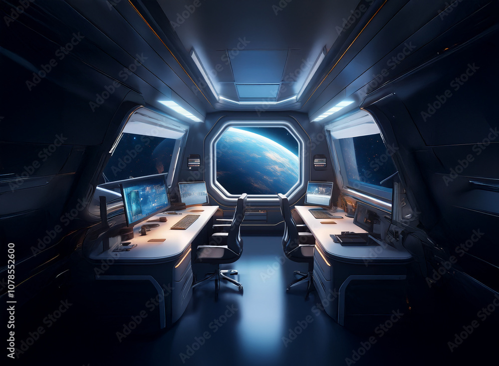 Poster The interior of a spaceship with a large window overlooking Earth. Two workstations with computers are visible.