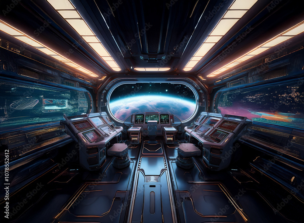 Poster a futuristic spaceship cockpit with a large window overlooking a planet and stars.