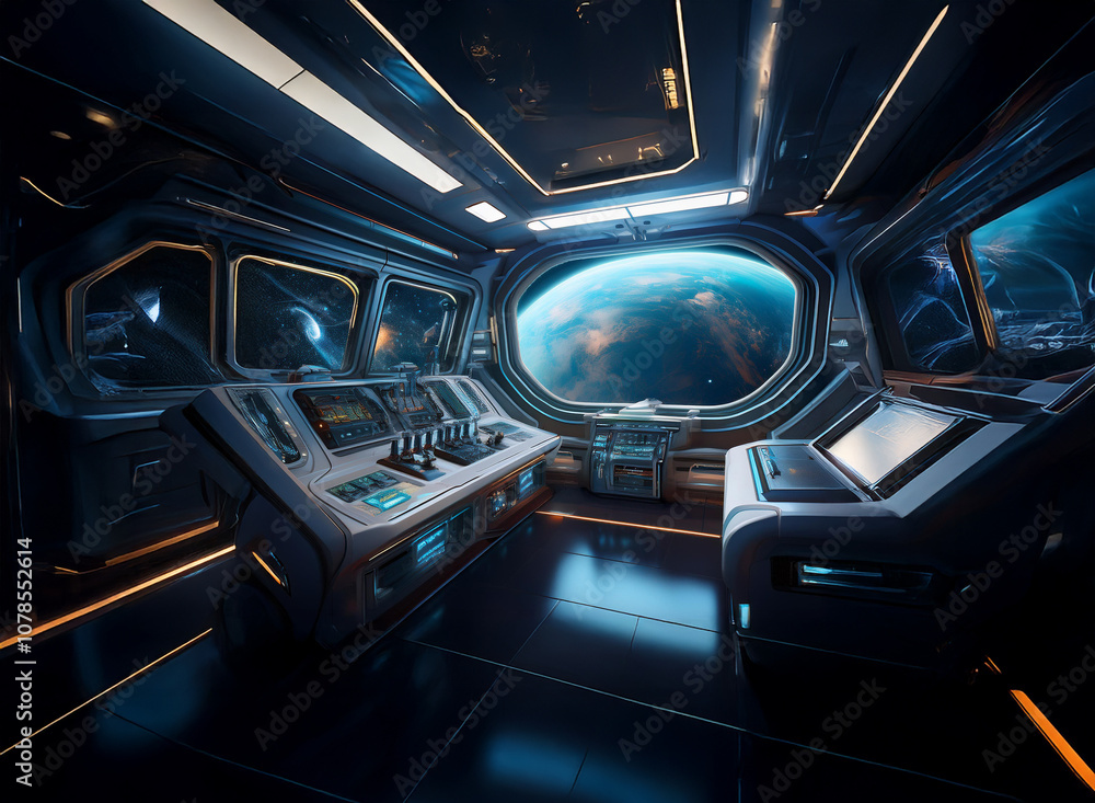 Poster a futuristic spaceship interior with a large window overlooking a blue and green planet.