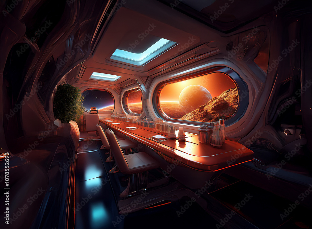 Poster a futuristic bar with a view of a distant planet.