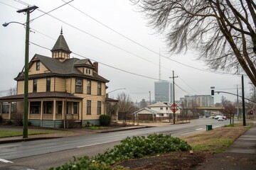 Fototapeta premium Minimalist Photography of a Serene Urban Scene Featuring a Vintage Building with Distinctive Architecture in Portland's Lucky Devil Neighborhood, Emphasizing Simplicity and Calmness
